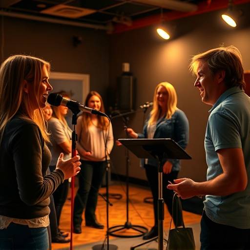 Voice acting students in a recording studio, working on character voices.